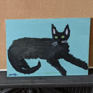 miss wood for the trees, jdwoof, painting of black cat on blue background