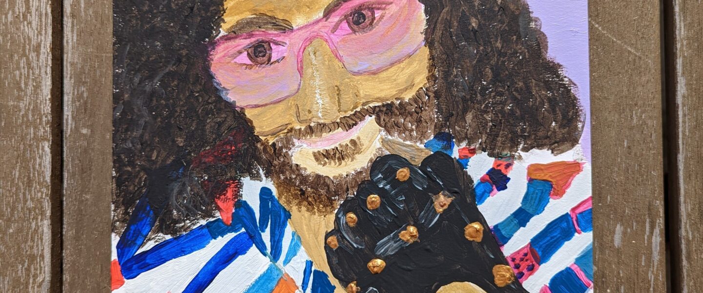 miss wood for the trees, jdwoof, painting of man with dark long hair and colourful shirt holding his fist up, wearing a leather studded glove