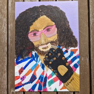 miss wood for the trees, jdwoof, painting of man with dark long hair and colourful shirt holding his fist up, wearing a leather studded glove