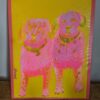 miss wood for the trees, jdwoof, pink and yellow dogs painted on a pink and yellow background