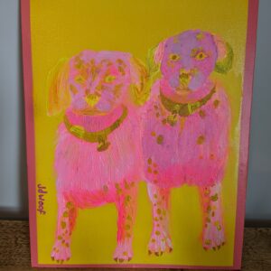 miss wood for the trees, jdwoof, pink and yellow dogs painted on a pink and yellow background