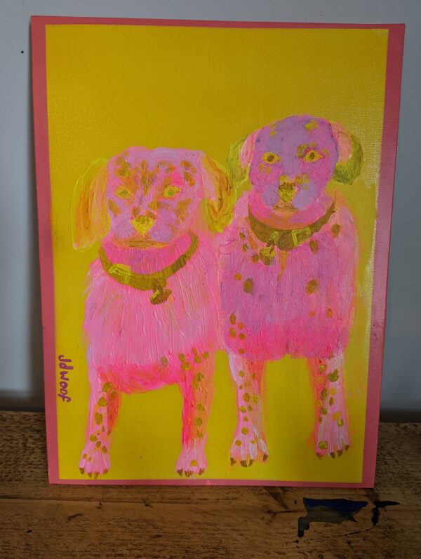 miss wood for the trees, jdwoof, pink and yellow dogs painted on a pink and yellow background