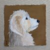 miss wood for the trees, jdwoof, painting of doodle dog on brown background
