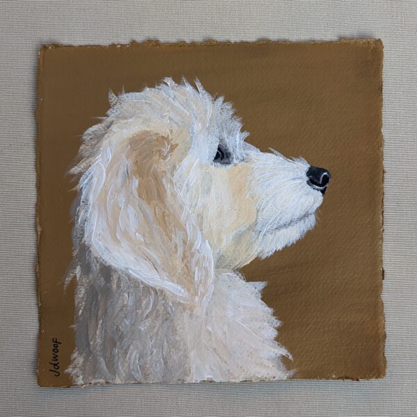 miss wood for the trees, jdwoof, painting of doodle dog on brown background
