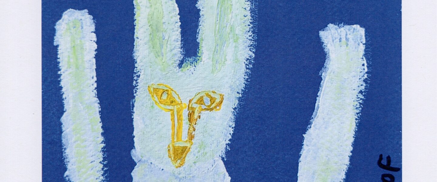 a snow hare raises it's arms in the air, the word YEAH! is written above