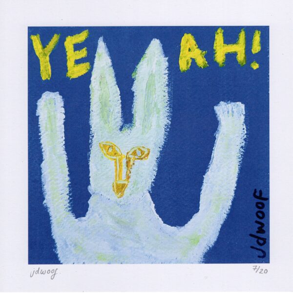 a snow hare raises it's arms in the air, the word YEAH! is written above