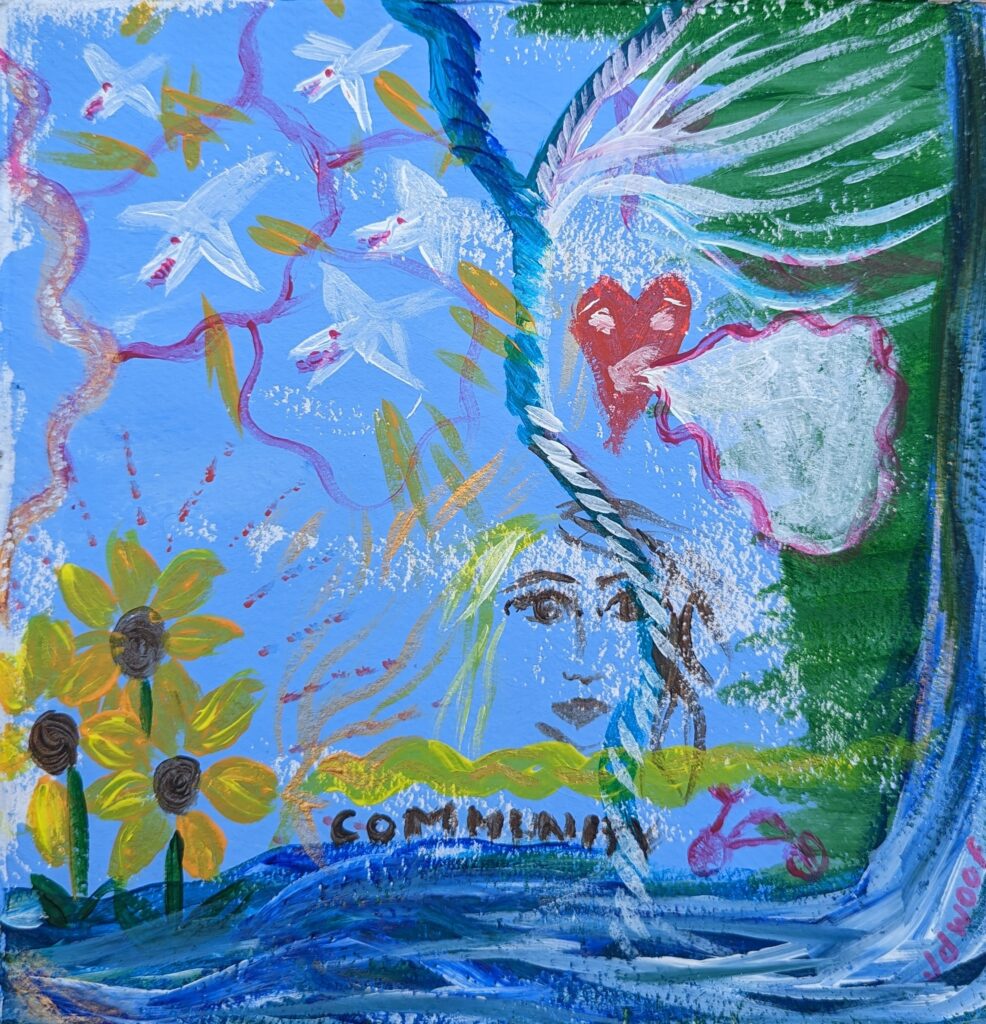 painting from conversation between hannah williams and jo wood aka jdwoof in applecart arts